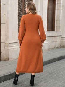 Lacomfia Plus Size Women's Cable Knit Crew Neck Long Sleeve Casual Knit Dress - Bronze - View 2