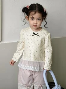 DAZY Infant/Toddler (Girl) Round Neck Polka Dot Korean Style Long Sleeve Top - Apricot - View 3