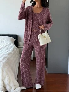 DAZY Women's Tie-Dye Long Sleeve Robe, Round Neck Tank Top And Pants Casual Pajama Set - Burgundy - View 8