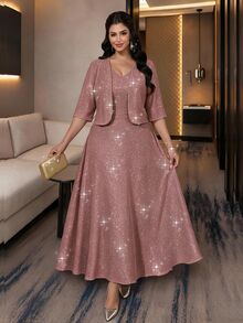 SHEIN Lady Plus Size Women's Shiny Open Front Short Sleeve Jacket And Dress Elegant 2 Pieces Set - Dusty Pink - View 5
