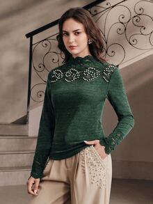 Anewsta Dark Green Lace Beaded Patchwork Knit Fitted Long Sleeve Women's T-Shirt - Dark Green - View 4