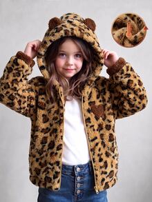 SHEIN Genkimix Kids 女童秋冬休閒時尚豹紋抓絨拉鍊連帽外套開襟衫 - 棕色 - 查看 3