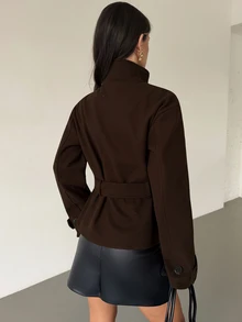Firerie Women's Solid Color Stand Collar Long Sleeve Casual Commute Overcoat - Brown - View 2
