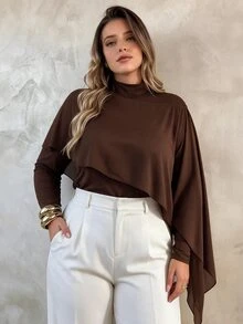 Elegantrix Women's Plus Size Autumn Single Piece High Neck Patchwork Chiffon Shawl Knit Top, Slim Fit Elegant Mature Style Daily Commute Long Sleeve Base Layer - Brown - View 3
