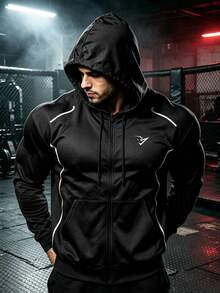 GymBeat Men's Geometric Print Long Sleeve Zip-Up Hooded Drawstring Sports Jacket - Black - View 4