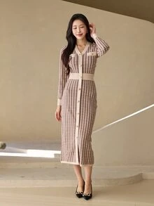 DAZY Women's Houndstooth Casual Everyday Summer Knit Dress - Brown - View 3