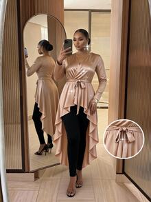 SHEIN Lady CURVE Plus Size Women Solid Color V-Neck Waist Tie Casual Versatile Blouse - Gold - View 4