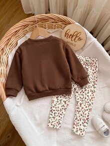 SHEIN Cute Knitted Floral Pattern Bow Sweatshirt Set For Baby Girls - Coffee Brown - View 2
