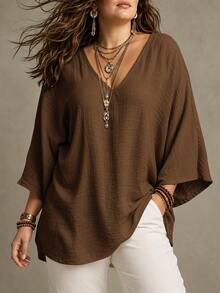 Ceyna Blus Wanita Ukuran Besar Gaya Prancis Kasual Elegan Leher V Lengan 3/4 - Coklat - View 1
