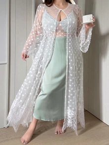Dazy Plus Romantic Wedding Heart Jacquard Mesh Robe Set, Elegant Lace Patchwork Satin Long Waist-Cinching Nightgown - Mint Green - View 6