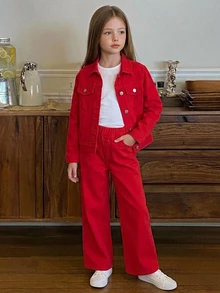 Hapijoa Tween Girl Button Long Sleeve Jacket And Loose Long Pants Denim Set - Red - View 1