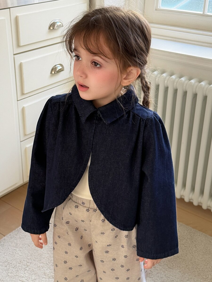 Hapijoa Young Girl Vacation Pleated Long Sleeve Denim Jacket Weekend Outing - Dark Wash - View 1