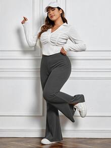 SHEIN EZwear 秋冬休閒深灰色大尺碼女款側開衩喇叭褲 - 深灰色 - 查看 3