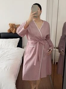 Napfluff CURVE Napfluff CURVE Minimalist Contrast Trim Tie Waist Plus Size Double Pocket Women's Robe - Pink - View 7