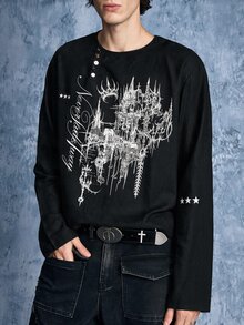 ROMWE MEN Street Life 男士亨利領長袖哥德風圖案T恤 - 黑色 - 查看 6