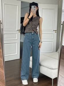 DAZY 女款時尚鈕扣口袋休閒牛仔褲 - 中等水洗藍 - 查看 4
