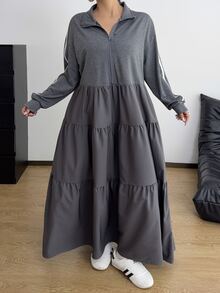 POPSWAY Plus Size Casual Zipper Half-Placket Striped Sweatshirt Dress - Dark Grey - View 2
