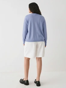 YARNWELL Plus Size Solid Color Minimalist Versatile Single-Breasted Long Sleeve Knit Cardigan Fall - Teal Blue - View 2