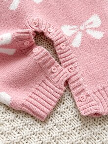 SHEIN Baby Girl Cute Bow Pattern Pink Knit Romper, Suitable For Autumn/Winter - Pink - View 5