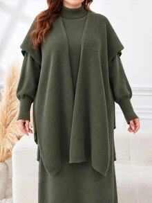 Lacomfia Plus Size Women Solid Color Batwing Sleeve Knit Cardigan And High Neck Long Sleeve Knit Dress Set - Green - View 3