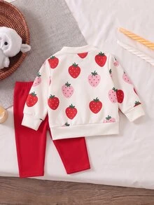 嬰兒櫻桃刺繡針織兩件套，圓領鈕扣櫻桃開襟衫搭配紅色鬆緊長褲，紋理親膚 - 彩色 - 查看 2
