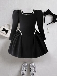 Elladie kids 聖誕服飾、年輕女孩秋季服裝、秋季穿搭、年輕女孩紅色針織紋理面料方領珠飾下擺半圓形抓皺洋裝、抓皺邊緣配珠飾飾邊與拼接羊腿袖，時尚優雅，適合日常穿著、通勤、聚會與派對 - 黑色 - 查看 3