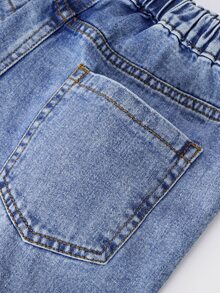 SHEIN Genkimix Kids 少女心形圖案口袋直筒休閒日常穿著牛仔褲 - 淺色水洗藍 - 查看 6