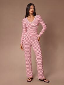 Lazeform Red And White Striped Casual Long Sleeve Lace Trim Women's Pajama Set - Red and White - View 6