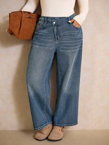SHEIN MOD Celana Jeans Denim Kasual Sehari-hari Wanita Ukuran Besar dengan Saku dan Kancing - Medium Wash - View 5