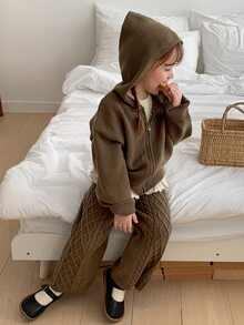 Hapijoa Young Girl Solid Color Zip-Up Hooded Knit Cardigan And Knit Pants Set Winter - Army Green - View 7
