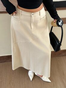 Dazy Plus Autumn New High Waist Solid Color Asymmetric Patchwork Loose A-Line Denim Long Skirt - Apricot - View 5