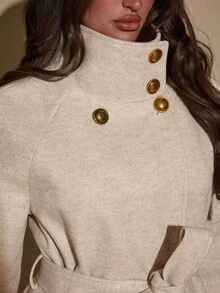 SHEIN BAE Women's Elegant Button High Neck Long Sleeve Overcoat - Apricot - View 5