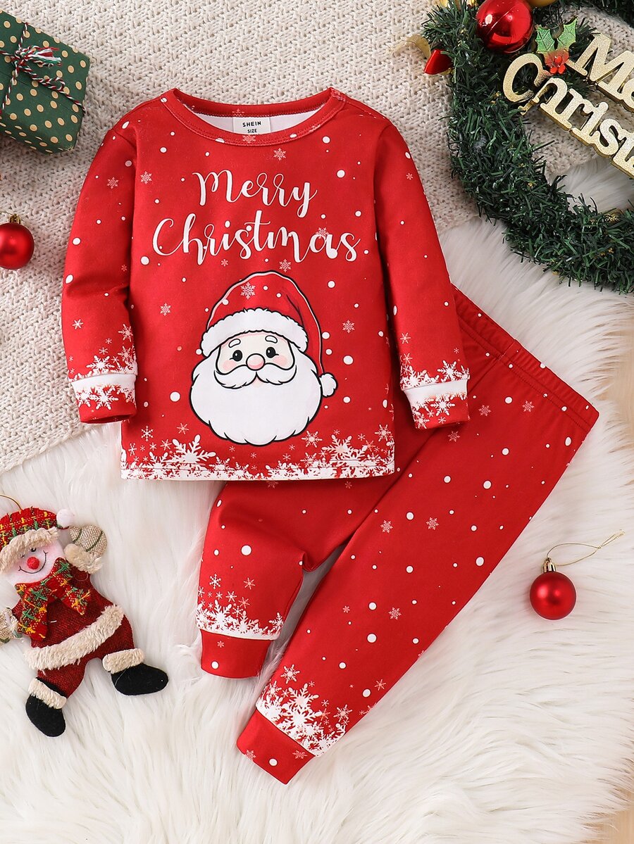 SHEIN Setelan Piyama Anak Laki-Laki 2 Potong, Motif Santa Claus Natal Musim Gugur/Dingin - Merah - View 1