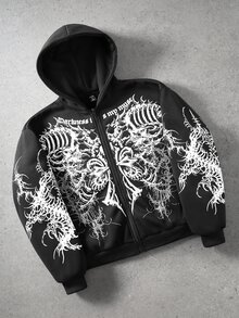 ROMWE MEN Street Life Men's Letter Print Zip-Up Casual Daily Hoodie - Black - View 1