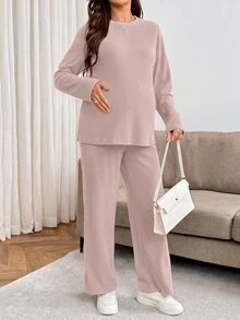SHEIN 孕婦純色圓領長袖T恤與可調節腰圍長褲休閒兩件套 - 粉色 - 查看 3