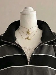 SHEIN EZwear 女款休閒寬鬆立領運動衫，美式復古條紋，女款秋冬服飾 - 彩色 - 查看 3