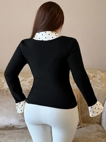 Dazy Plus Black Fitted Long Sleeve T-Shirt With Collar, Patchwork Polka Dot Print, 2 In 1 Design And Flared Cuffs - Black - View 4