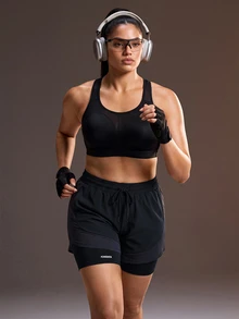 Powerista شورت جري نسائي أسود 2 في 1 مع خصر برباط وضغط مدمج للجيم والتمارين الرياضية بطبعة حروف - الأسود - مشاهدة 6