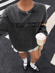 Muchica 女款黑色雪洗貼布繡刺繡運動衫 冬季休閒街頭風 Y2K 基本款圖案上衣 適合節慶度假外出上學套頭衫 - 黑色 - 查看 4