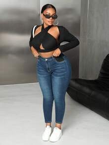 SHEIN PETITE CURVE 大尺碼女款高腰修身休閒百搭牛仔褲 - 中等水洗藍 - 查看 6