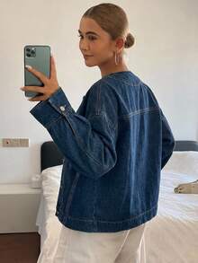 DAZY 女款刺繡設計寬鬆牛仔夾克外套 - 深色水洗藍 - 查看 2