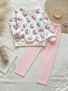 SHEIN 2件組幼女運動衫慢跑褲套裝，可愛甜美粉色白色兔兔花卉羅紋長袖圓領常規款，生日派對秋季假期舒適西式風 - 粉色 - 查看 8