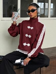 Muchica 女款拼色拉鍊休閒百搭日常旅行長袖夾克 - 酒紅色 - 查看 7