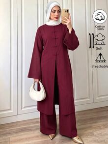 SHEIN LUNE CURVE New Middle East Plus Size Casual Women's Long Top With Frog Button Decoration And Straight Leg Pants 2 Pieces Set Fall - Burgundy - View 4