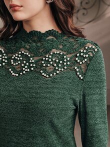 Anewsta Dark Green Lace Beaded Patchwork Knit Fitted Long Sleeve Women's T-Shirt - Dark Green - View 1