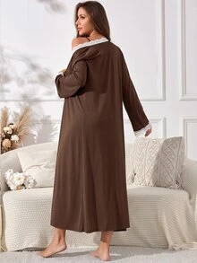 SHEIN 女款對比蕾絲長袖晨袍與細肩帶睡裙居家服套裝 - 咖啡棕 - 查看 2