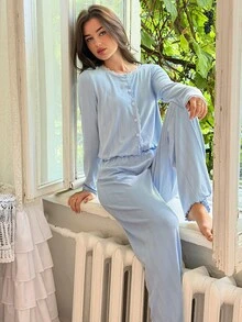 Livesso Women's Solid Color Long Sleeve Top And Long Pants Casual Daily Home Sleepwear Set - Blue - View 4