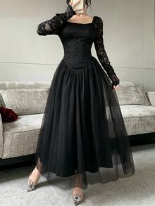 Modelyn French Square Neck Lace Patchwork Long Sleeve Slim Fit Flattering Mesh Elegant Evening Dress For Women - Black - View 3