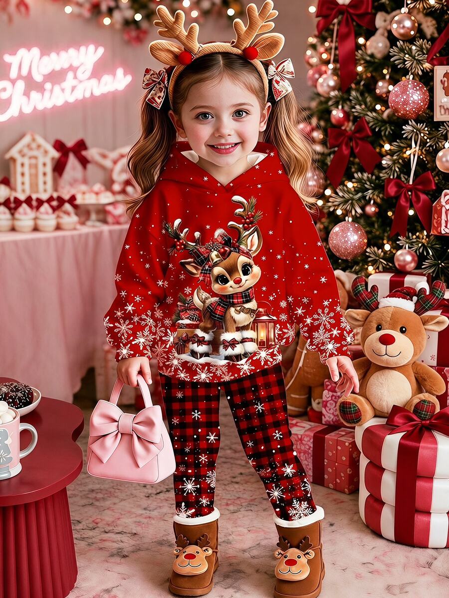 Young Girl Christmas Reindeer Print Long Sleeve Hoodie & Leggings 2pcs Set, Holiday Family Matching - Multicolor - View 1