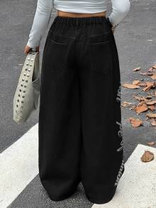 Dazy Plus Plus Size Women's Letter Rhinestone Korean Style Loose Long Denim Jeans - Black - View 7